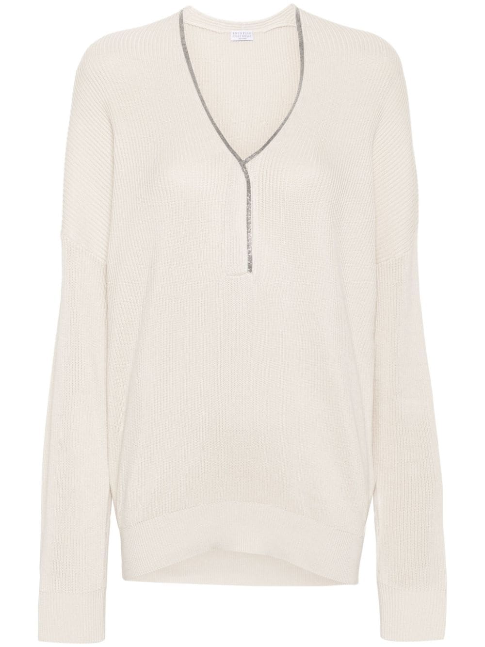Monili-Chain Ribbed Sweater — Beige