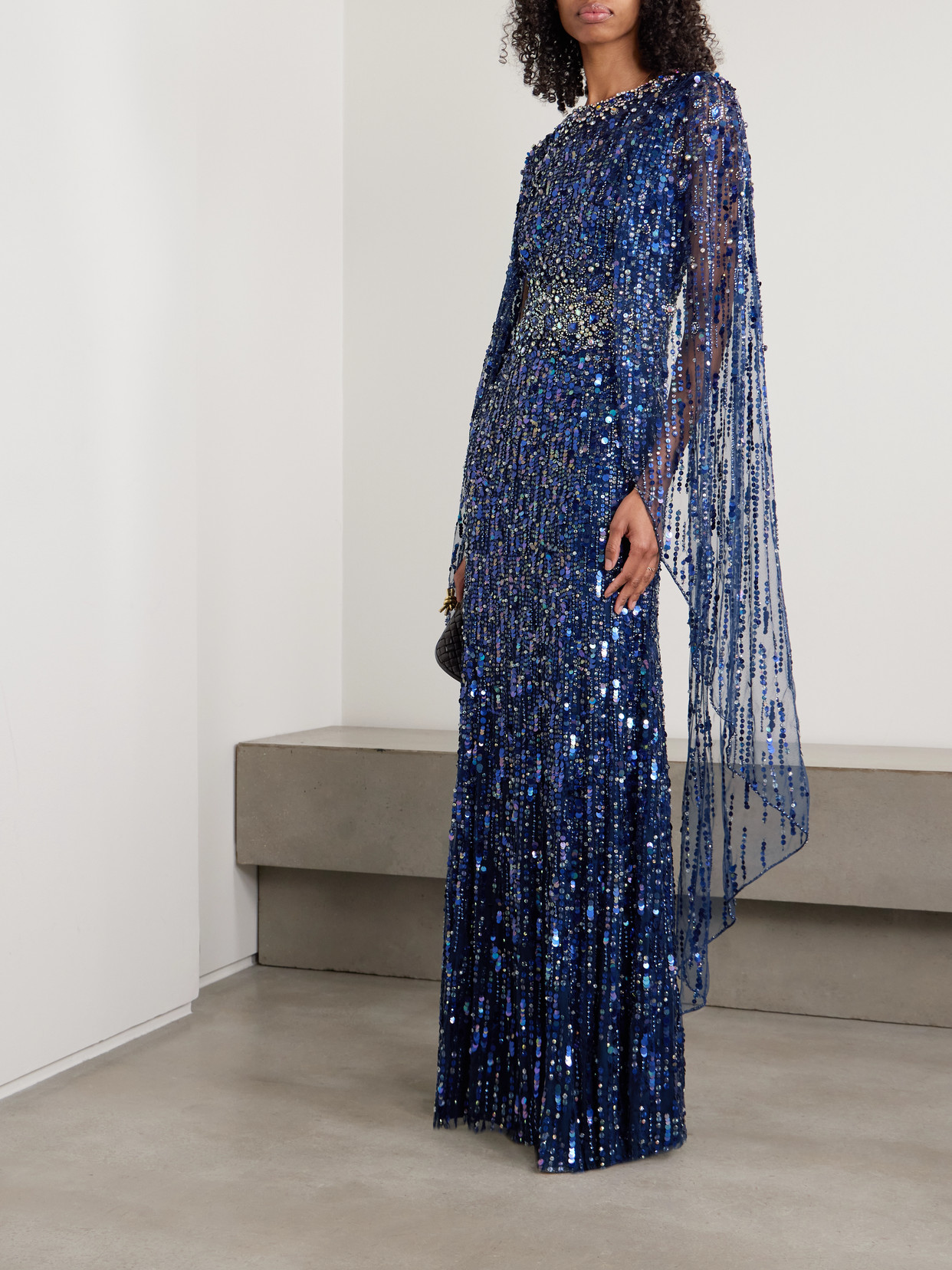 Honey Dew Cape-effect Embellished Tulle Gown - Blue