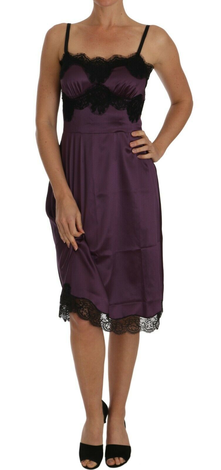 Silk Stretch with Black Lace Trim Dress — Purple