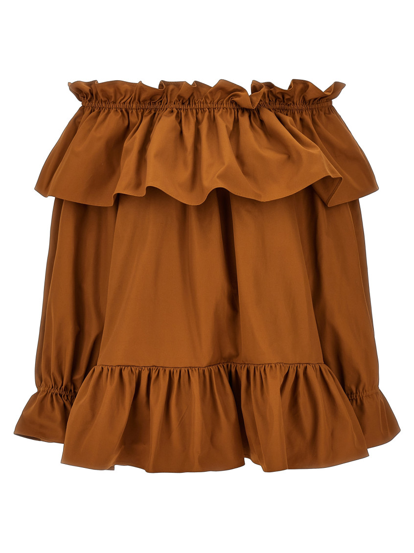 Brown Ruffle Dress With Bare Shoulders In Cotton Twill Woman