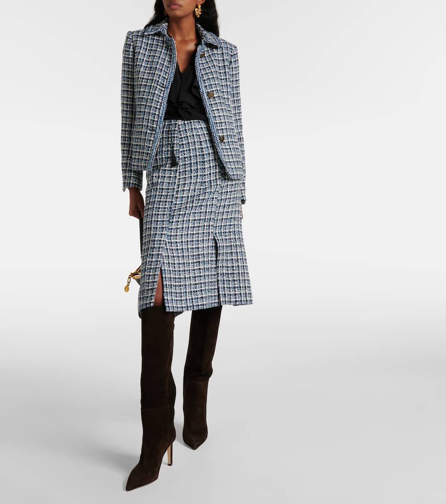 High-rise cotton-blend tweed midi skirt