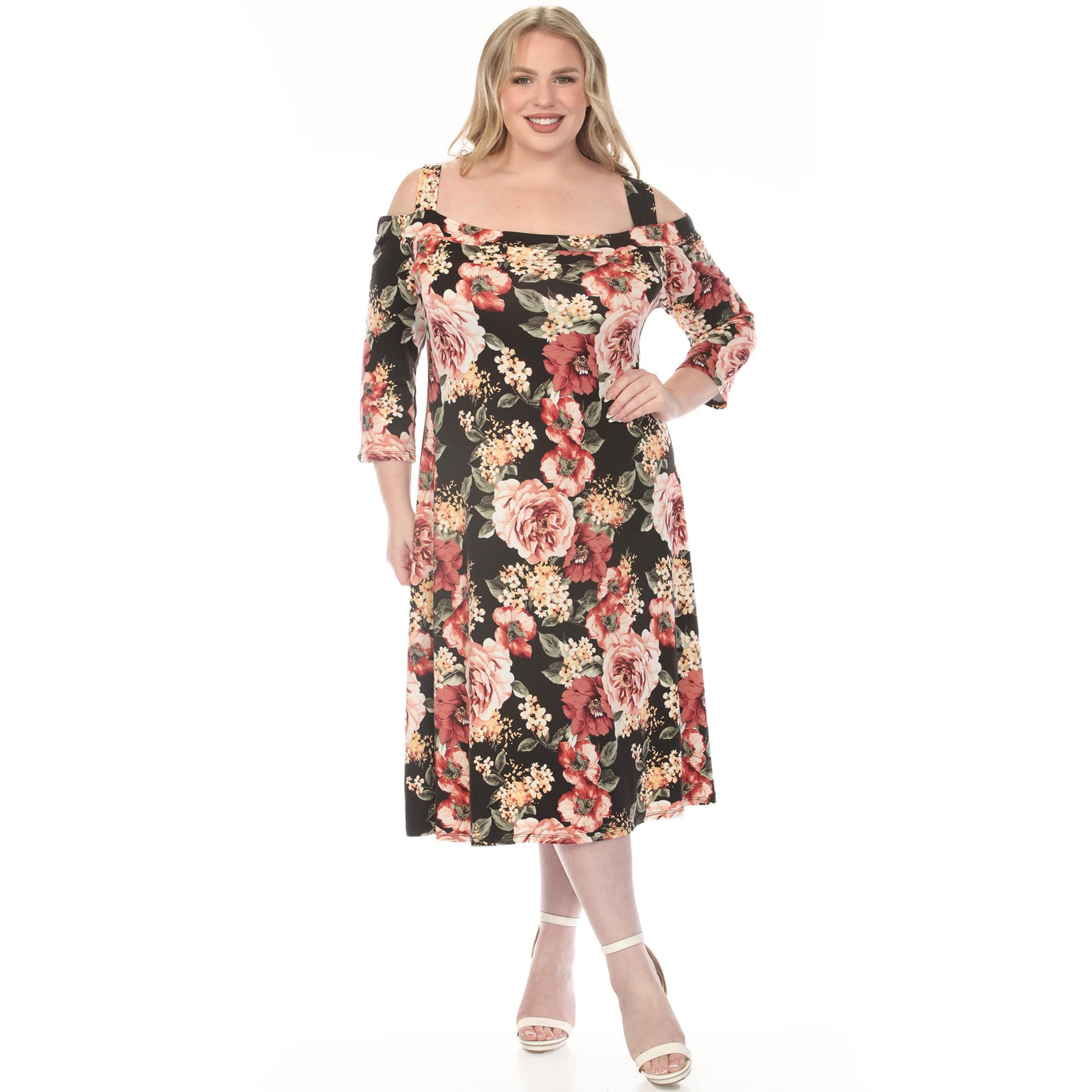 Women's Plus Size Cold Shoulder 3/4 Sleeve Dress