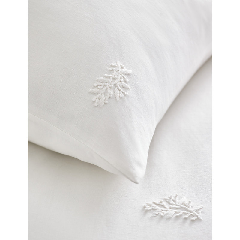 White Freja Classic Leaf-embroidered Linen-blend Pillowcase King