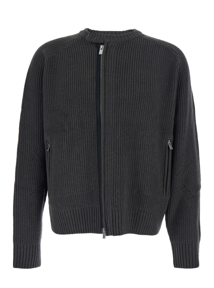 Grey Crew Neck Cardigan With Ribbed Design In Wool Man
