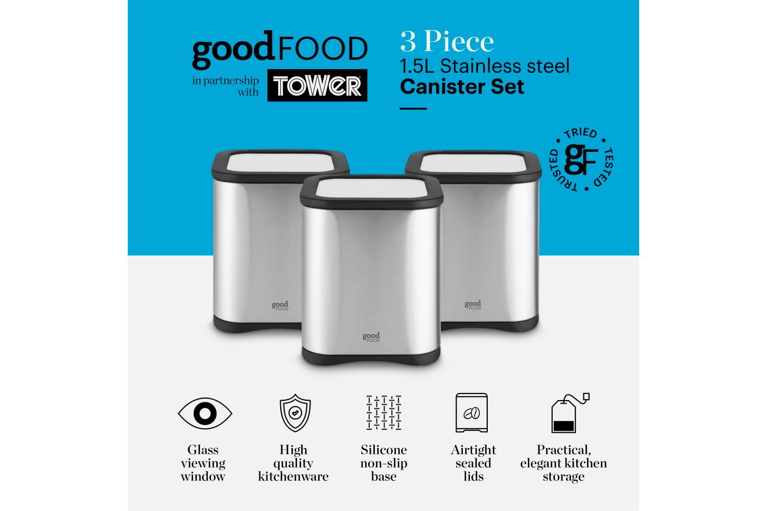 Tower Unisex Set Kitchen Storage Canisters for Tea, Coffee, Sugar & Other Loose Ingredients w/ Mirror Finish, 1.5L, Stainless Steel in Grey