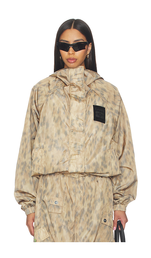 Ganni Printed Flyweight Nylon Hooded Jacket in Beige. S/M. Also in