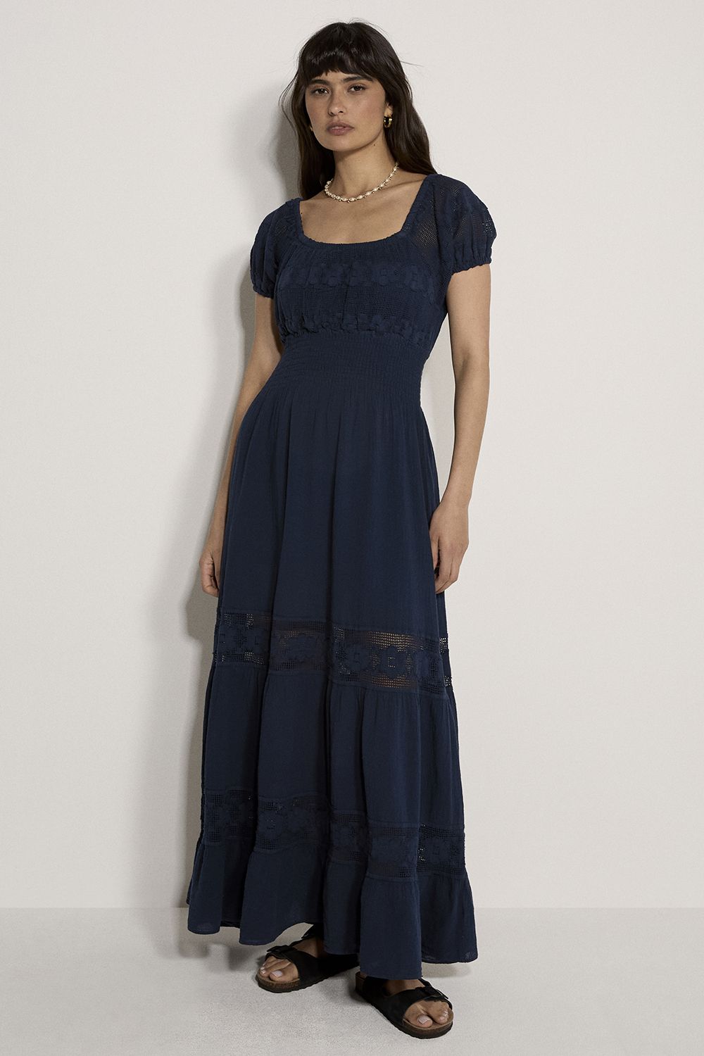 Apricot Women's Floral Lace Cotton Milkmaid Maxi Dress in Navy