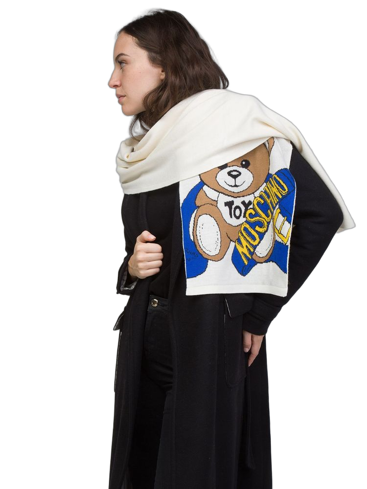 Teddy Bear-Graphic Wool Scarf — White