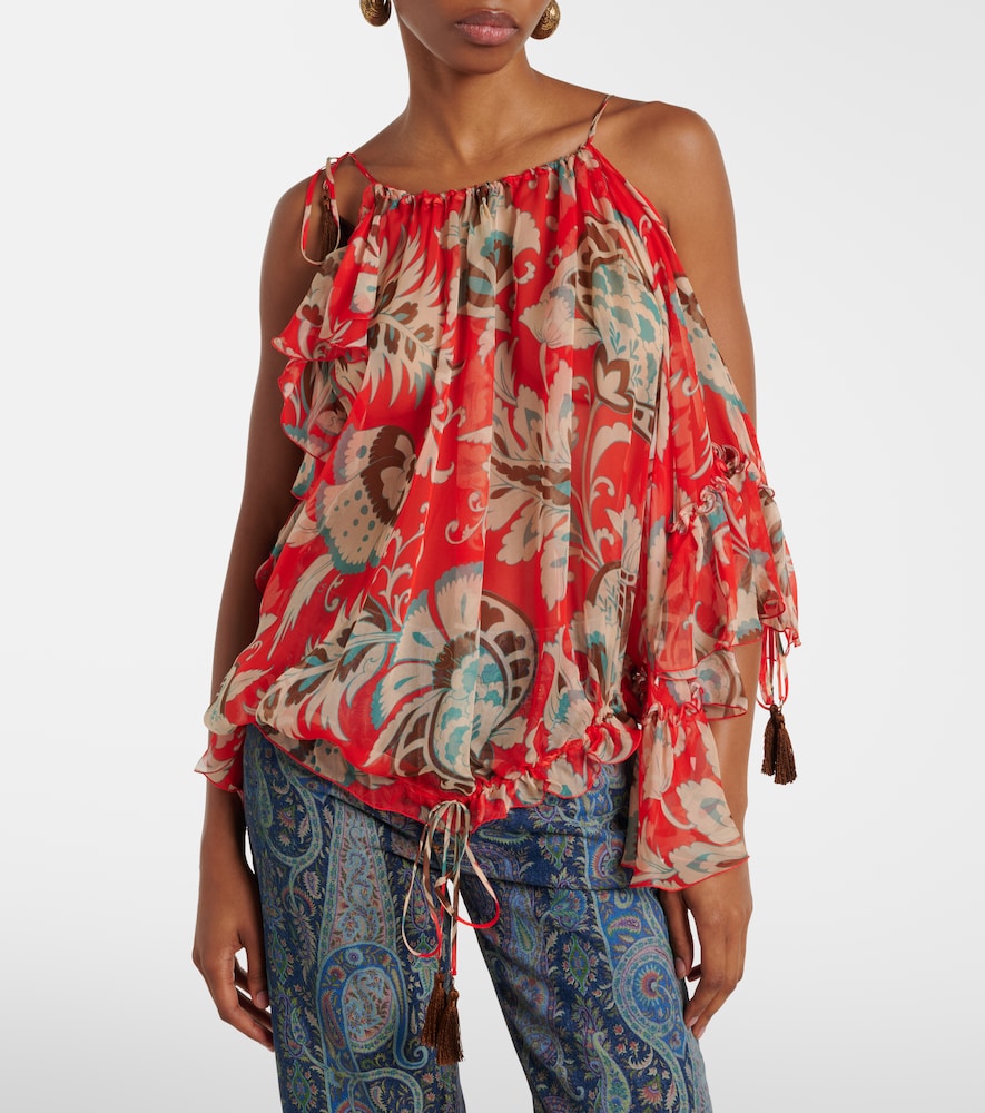 Printed one-shoulder ruffled silk top