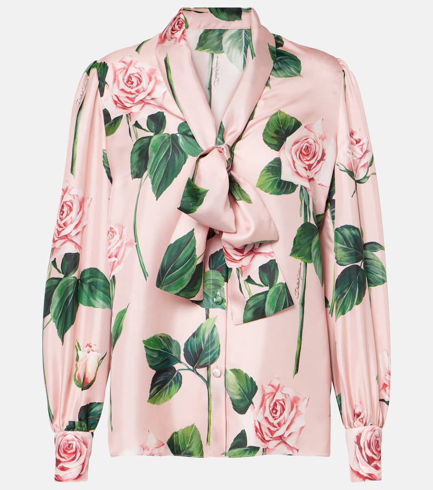Floral tie-neck silk satin blouse