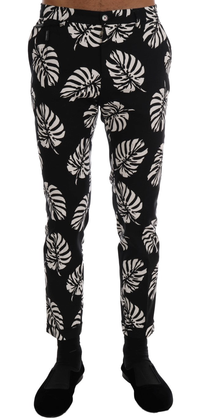 Leaf-Print Cotton Stretch Trousers — Black