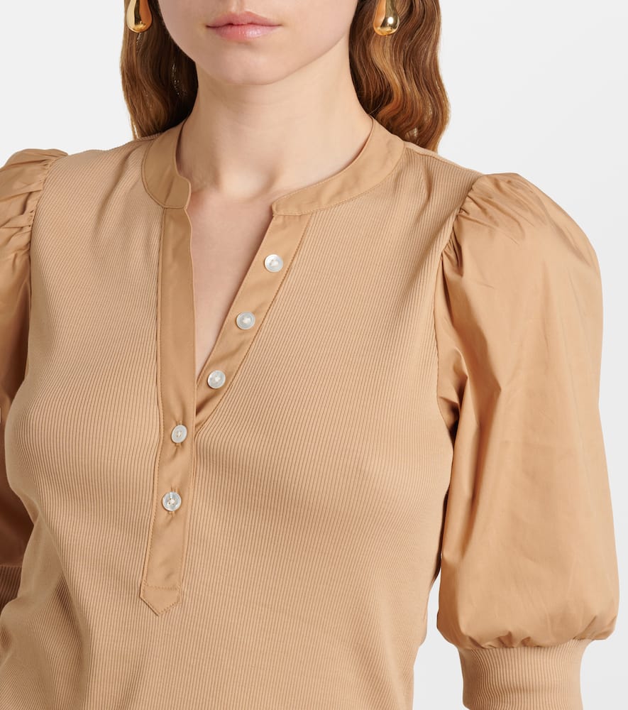 Puff-sleeve cotton-blend top