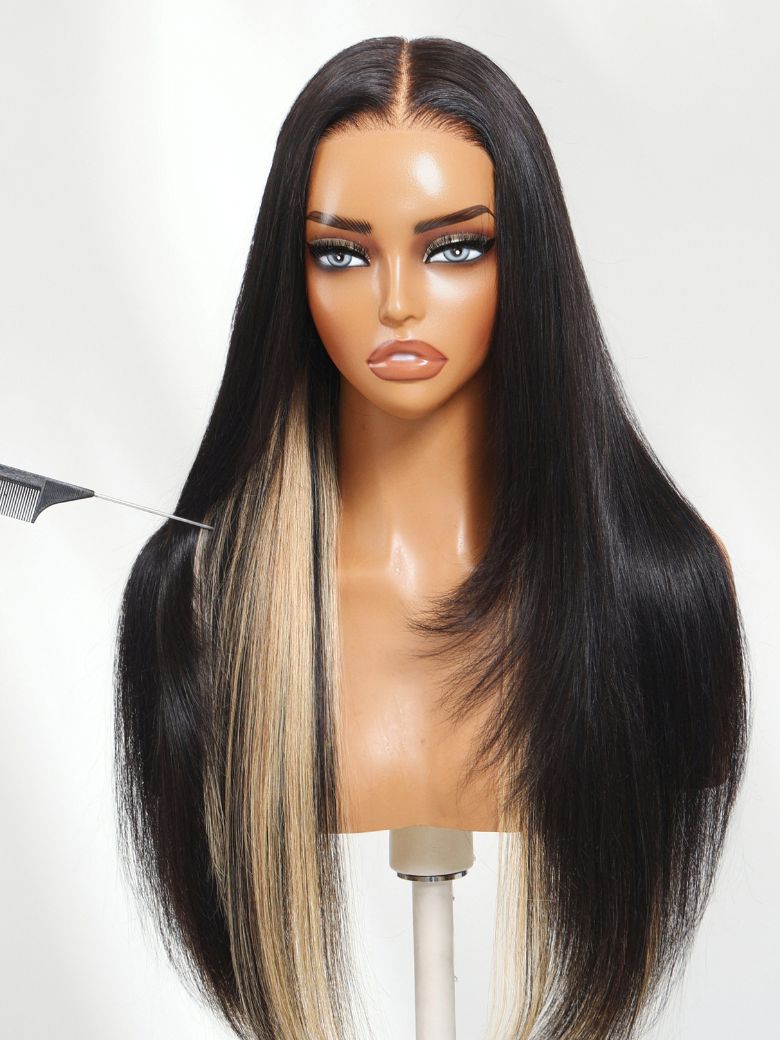 UNice Bye-Bye Slip™ 7x5 Lace Black with Blonde Peekaboo Highlights Layered Straight Wigs with Invisi Drawstring 150% Density