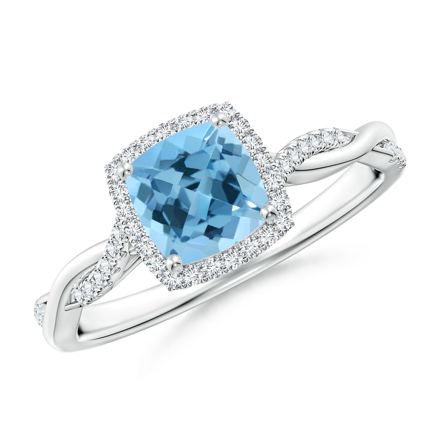 Angara 1.1 Carats Twisted Shank Cushion Swiss Blue Topaz Halo Engagement Ring in Platinum