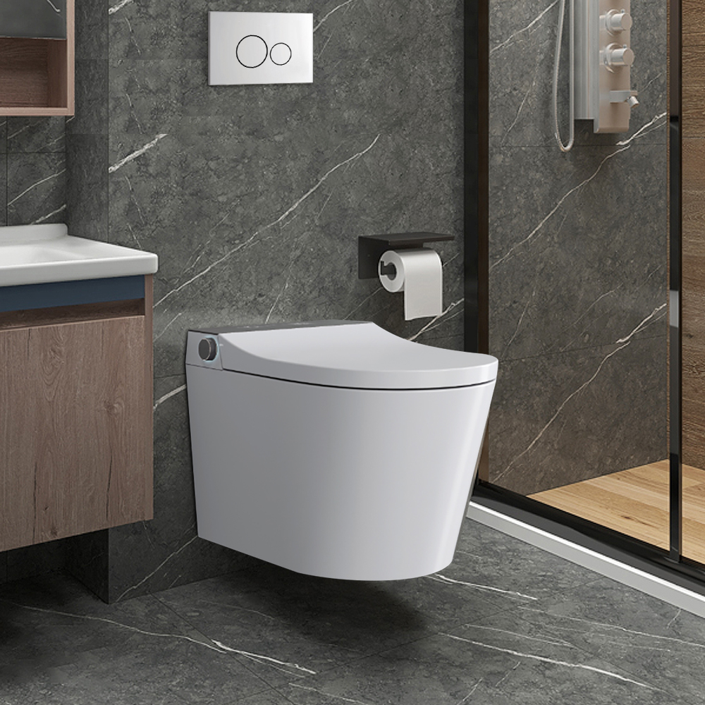 Set of Two Elongated Smart Toilet Wall Mounted 1.58 GPF Automatic with In-Wall Tank & Carrier Syste