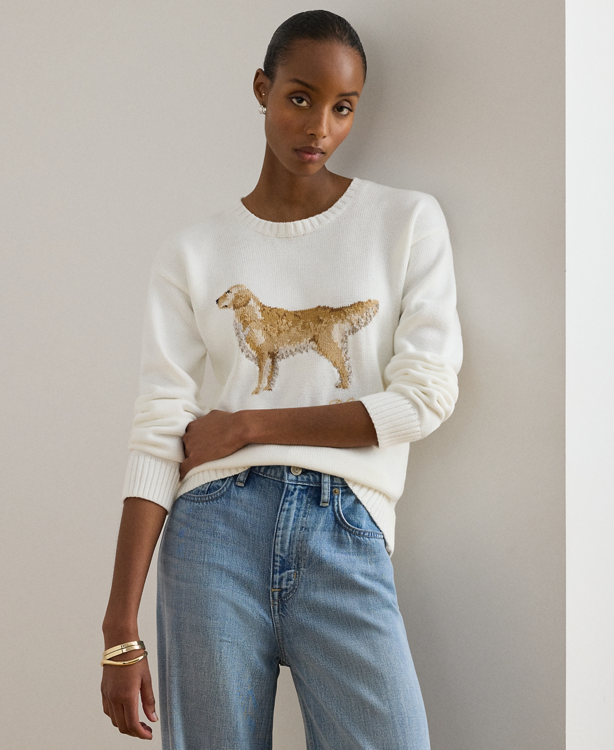 Petite Intarsia-Knit Crewneck Sweater - White Multi