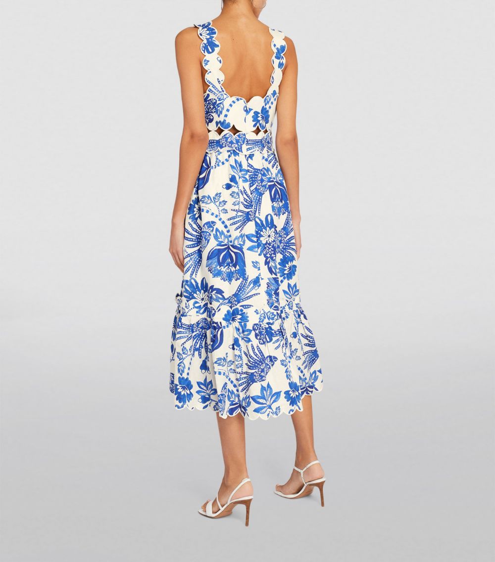 Scallop-Trim Printed Midi Dress