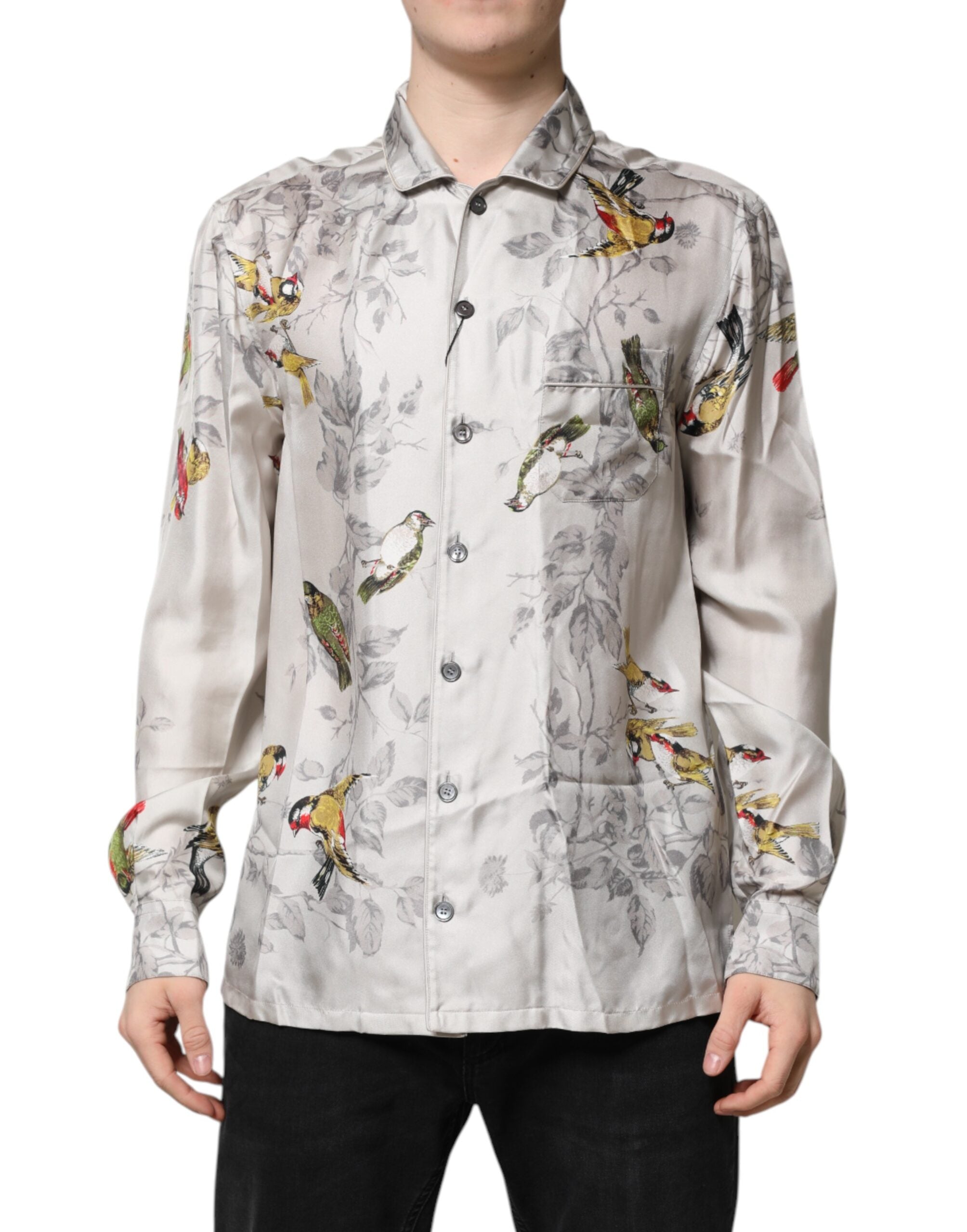 Silk Printed Button-Down Shirt — White