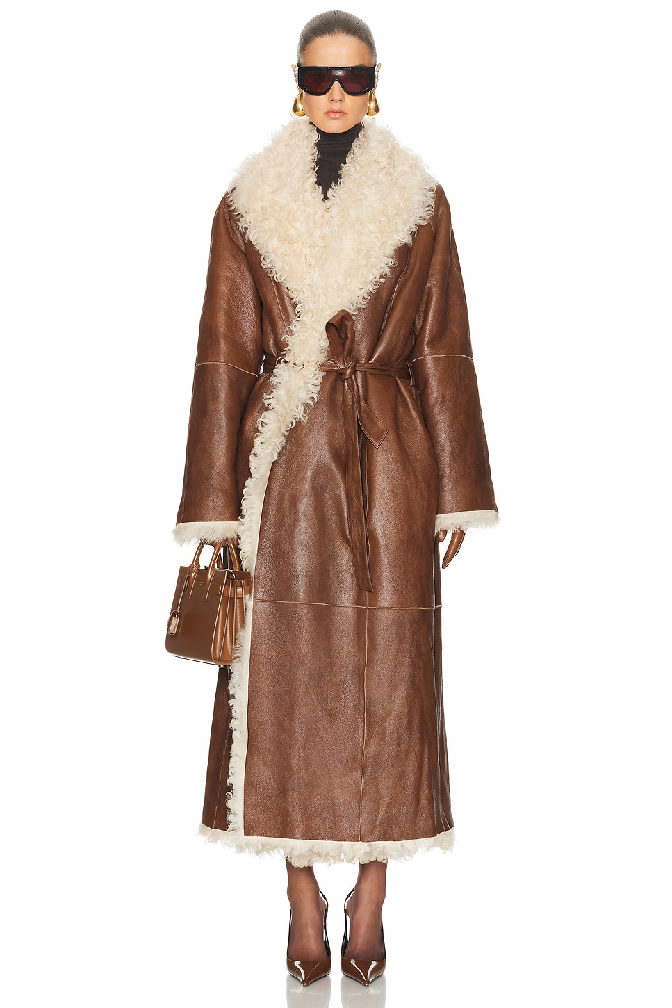 Magda Butrym Long Belted Shearling Reversible Coat in Brown - Brown. 38 also