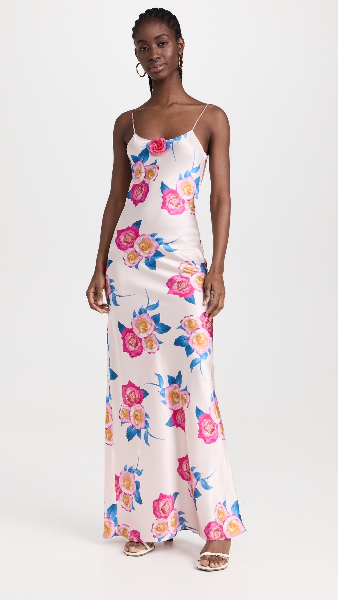 Pink and Blue Rose Printed Silk Bias Long Slip Dress Pink