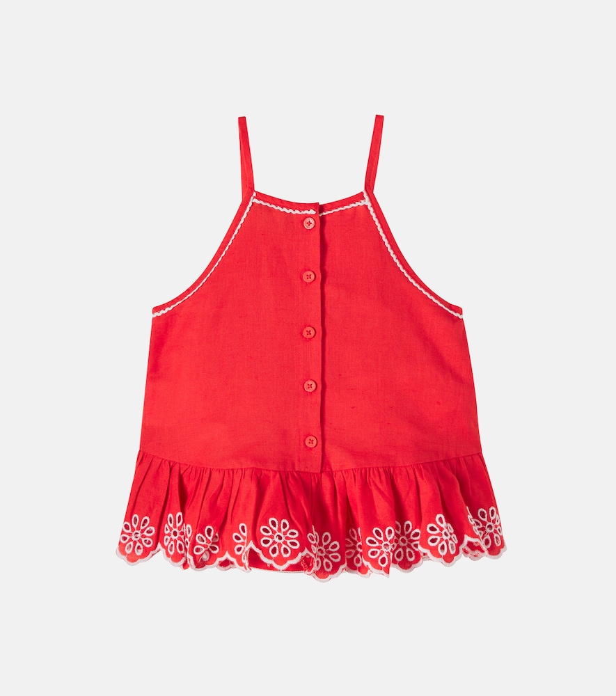 Embroidered linen and cotton top