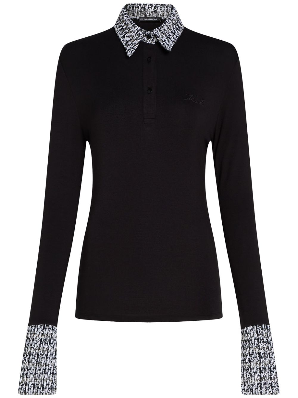 Long-sleeve bouclé polo shirt - Black