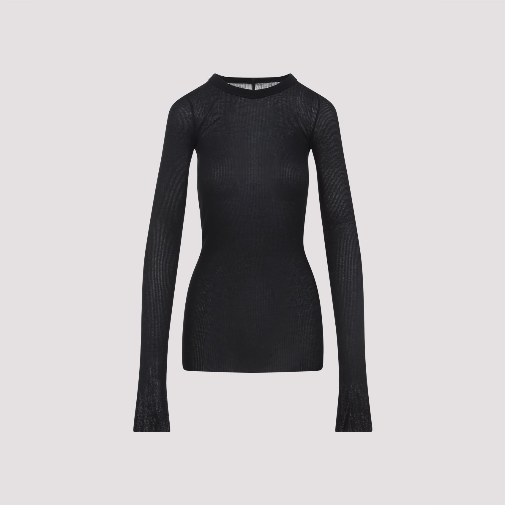 'Rib LS T' Ribbed Viscose and Stretch Silk Blend T-shirt, Raw Cut Hem, Crew Neck, Long Sleeves