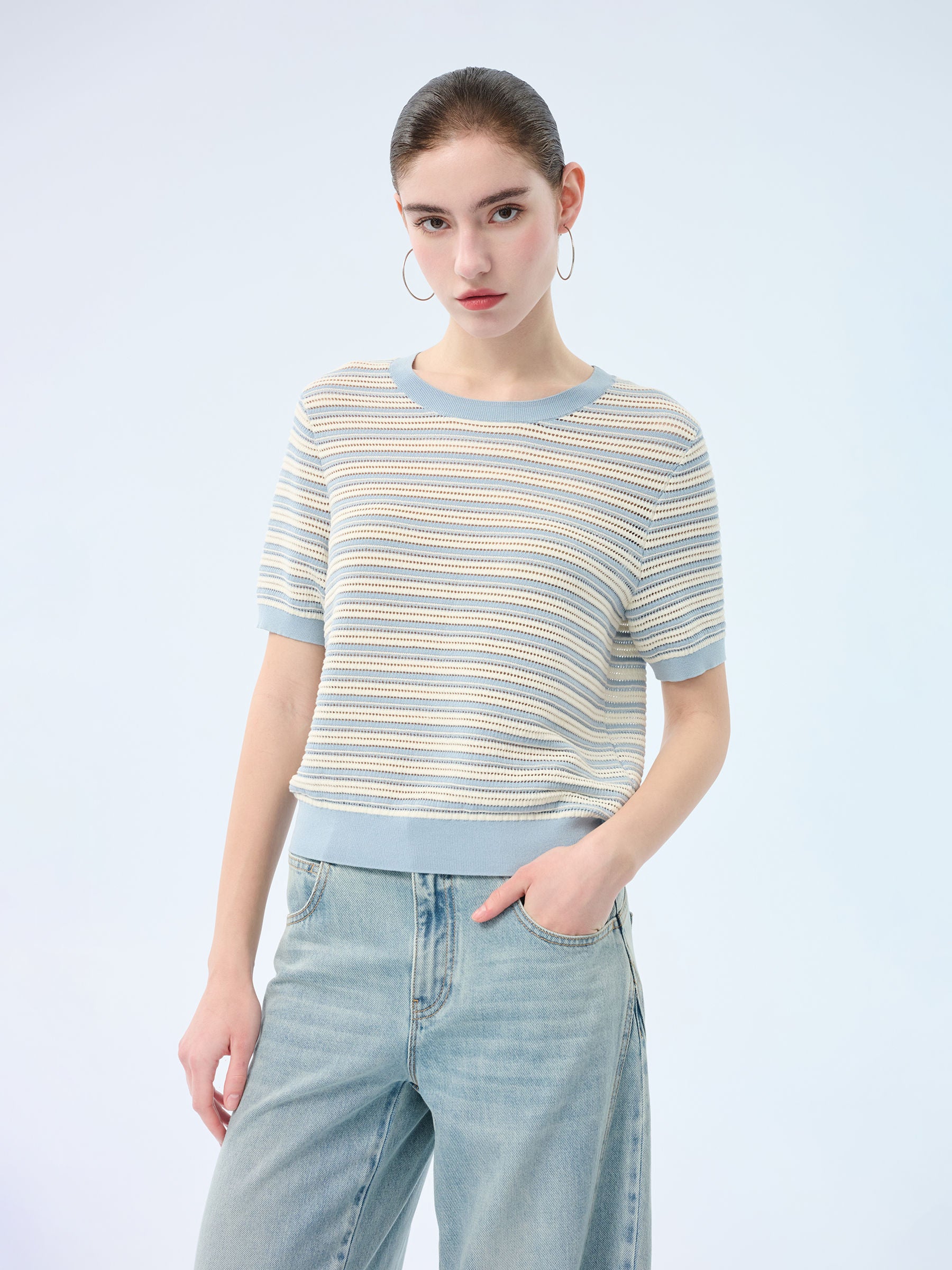 [Preview] Lyocell Blend Blue And White Stripe Women Knit Top