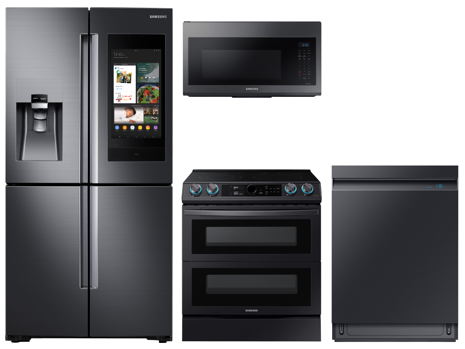 Family Hub™ 4-Door Flex™ Refrigerator + Flex Duo™ Slide-in Electric Range + Linear Wash Dishwasher + Microwave in Black Stainless