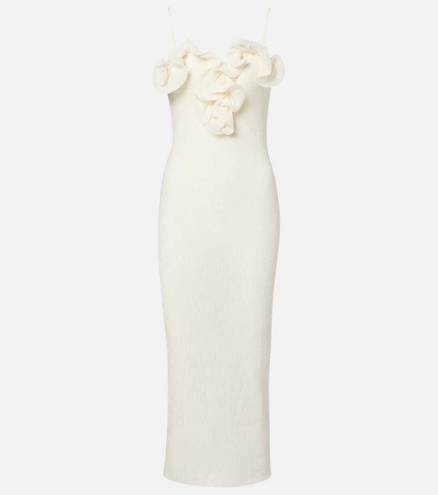 Floral-appliqué crêpe midi dress