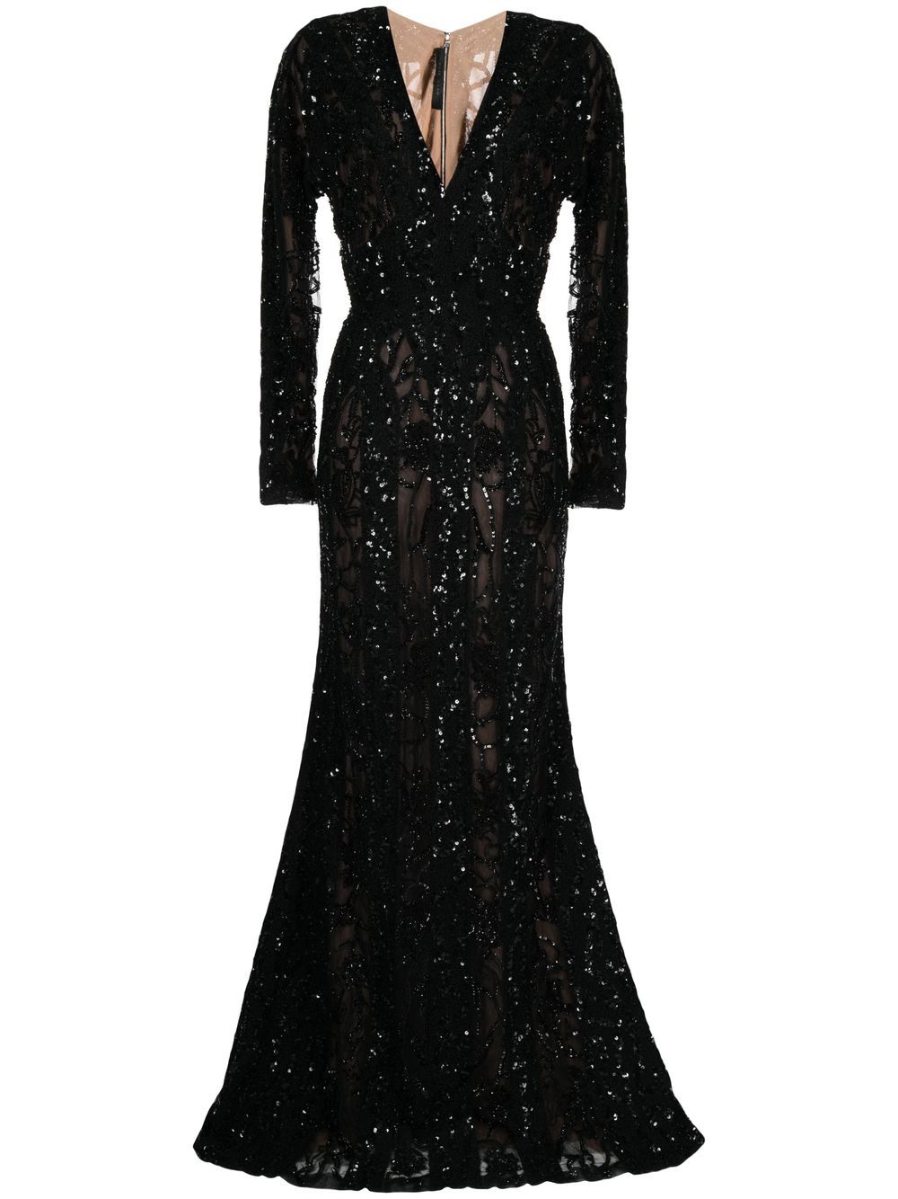 Sequined long-sleeve fishtail gown - Black