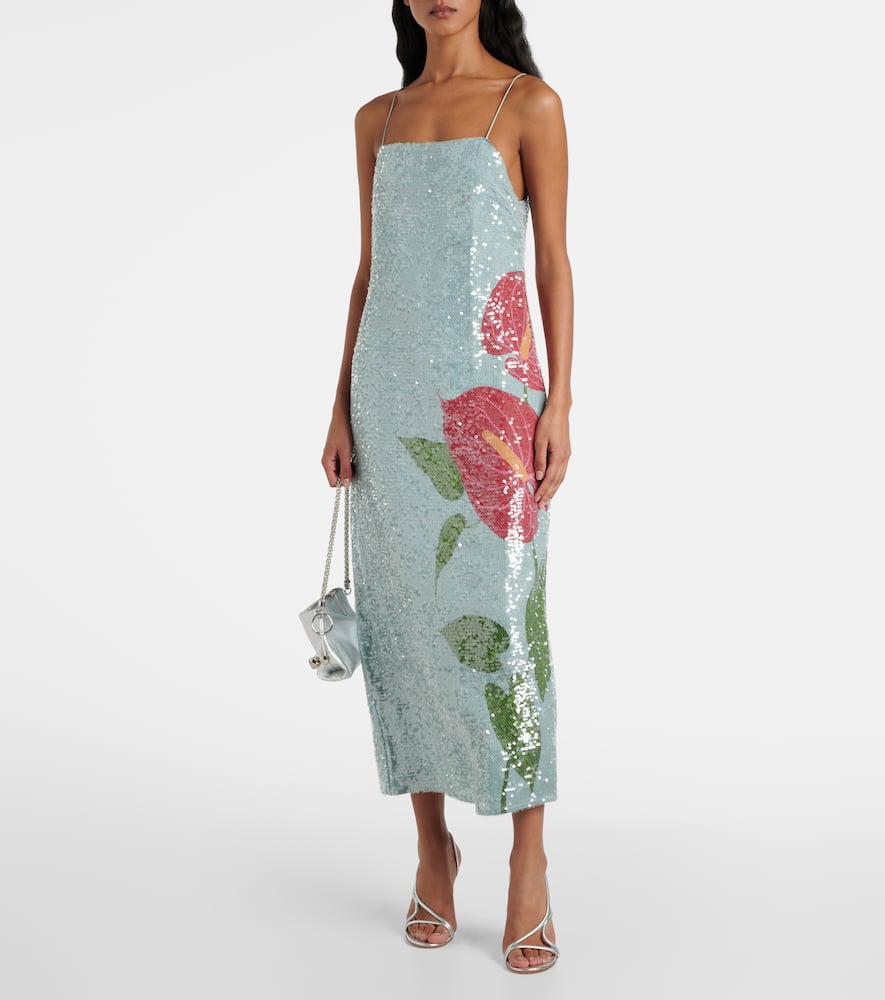 Anthurium printed embellished slip dress