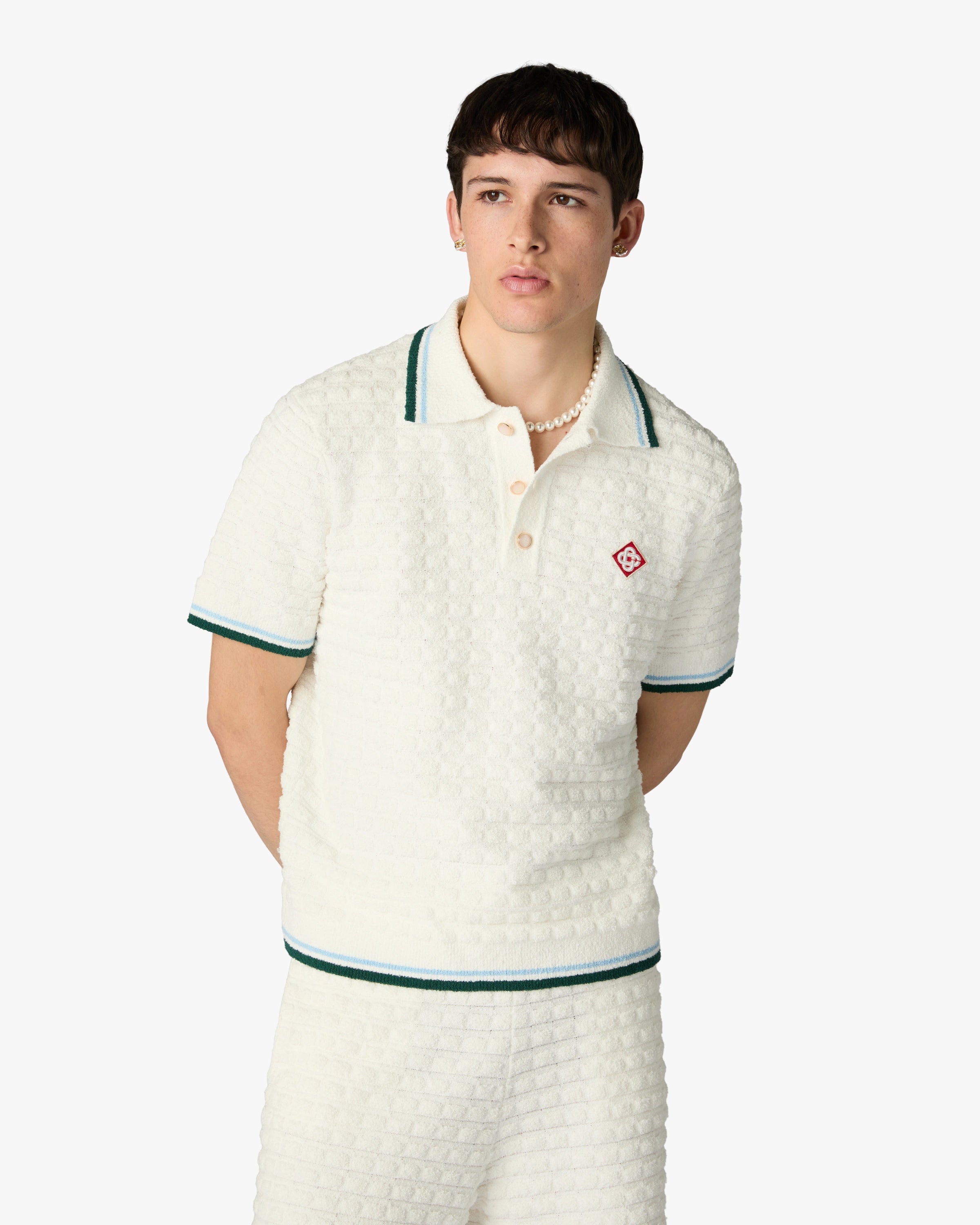 White Boucle Short Sleeve Polo Shirt