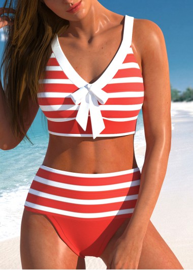 Modlily Patchwork High Waisted Striped Grey Bikini Set