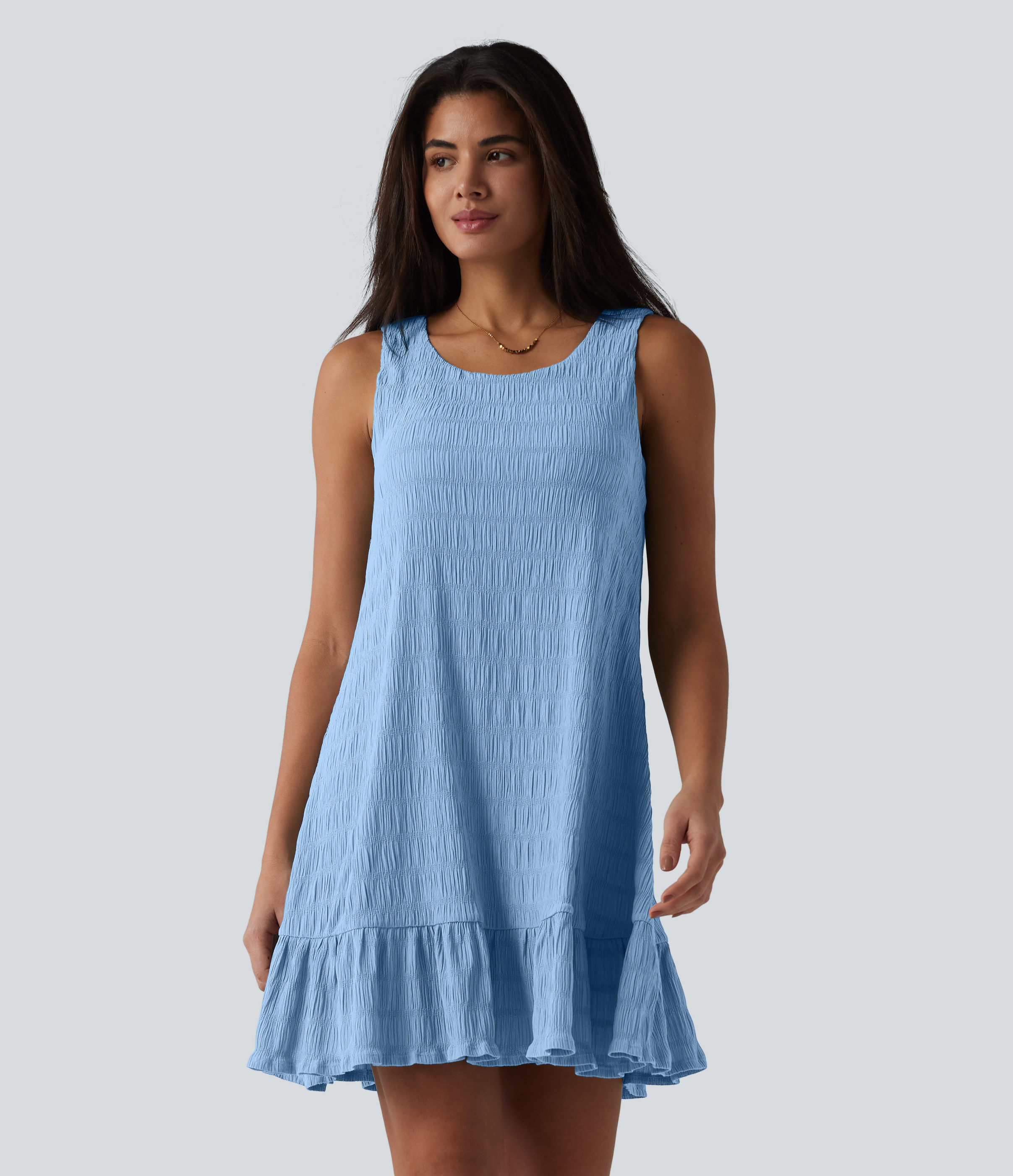 Round Neck Built-in Bra Sleeveless Ruffle Hem Mini Casual Dress Casual Dress - Dutch Canal