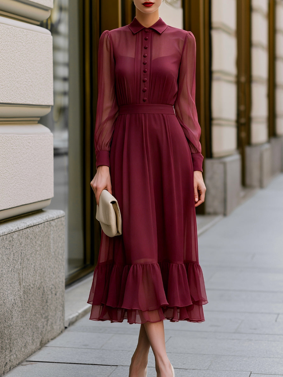 Button-Front Chiffon Layered Ruffle Midi Dress - Burgundy