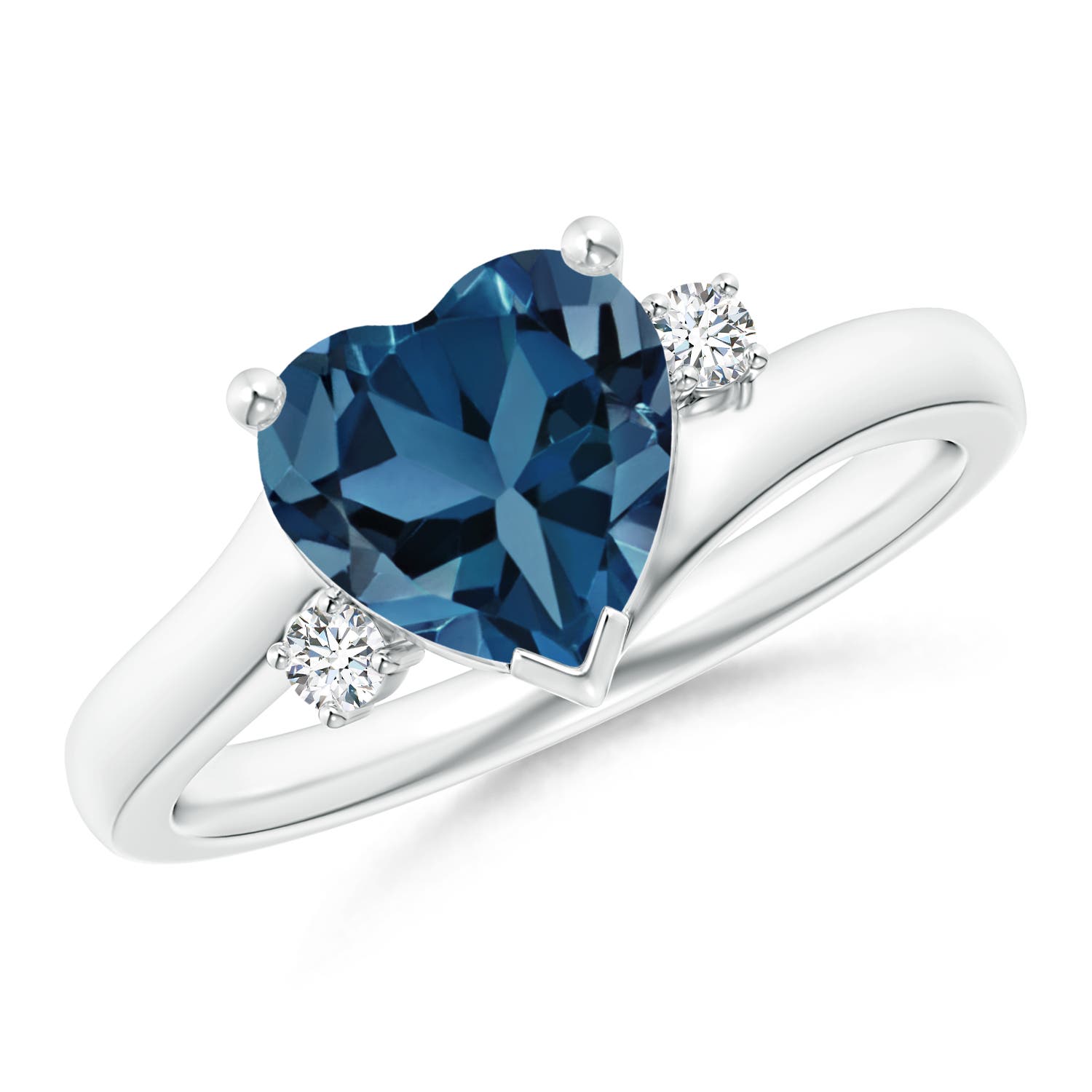 Angara 2.1 Carats Solitaire Heart London Blue Topaz Bypass Ring with Diamonds in Silver