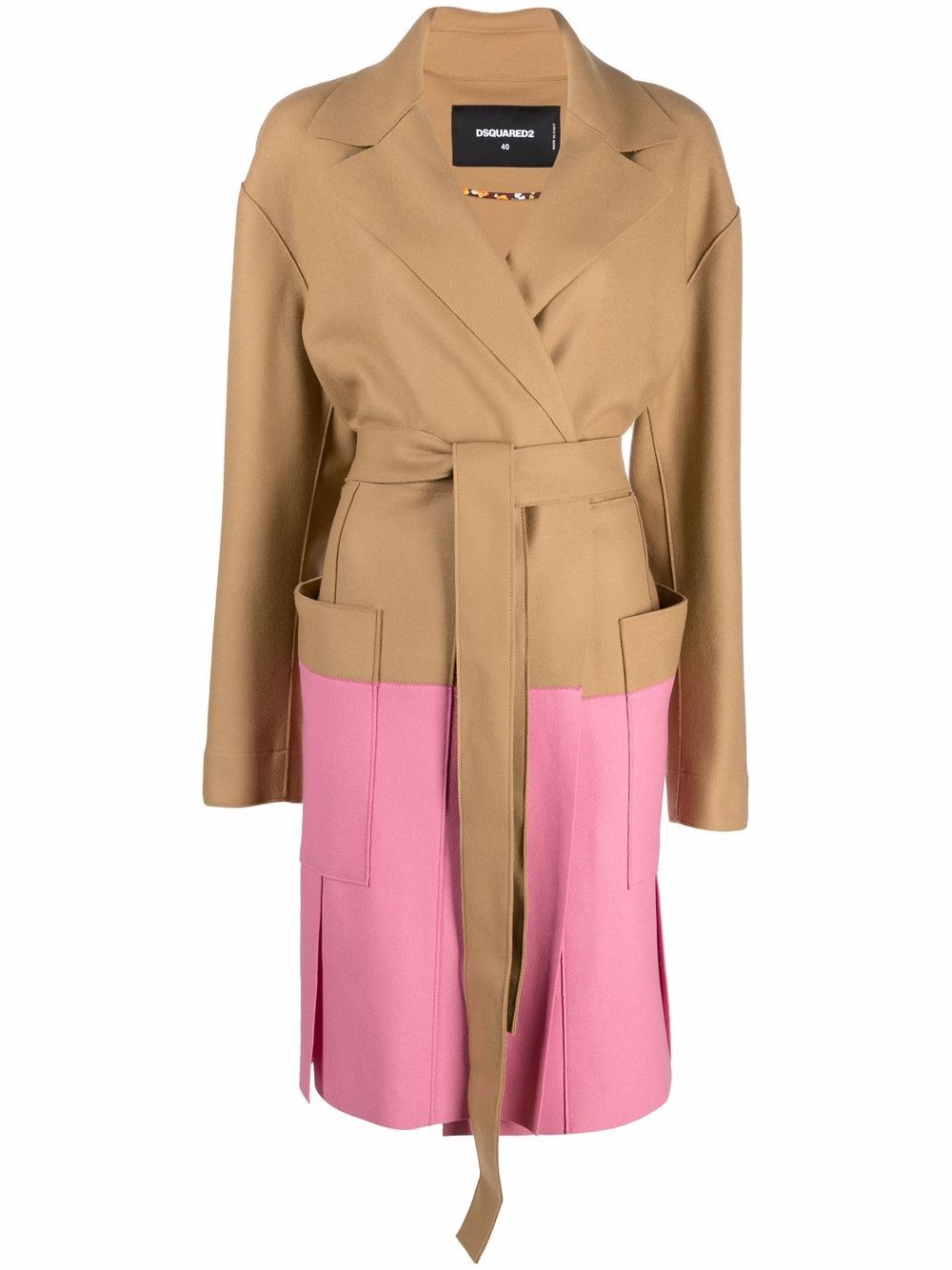 Two-tone tie-fastening coat - Brown