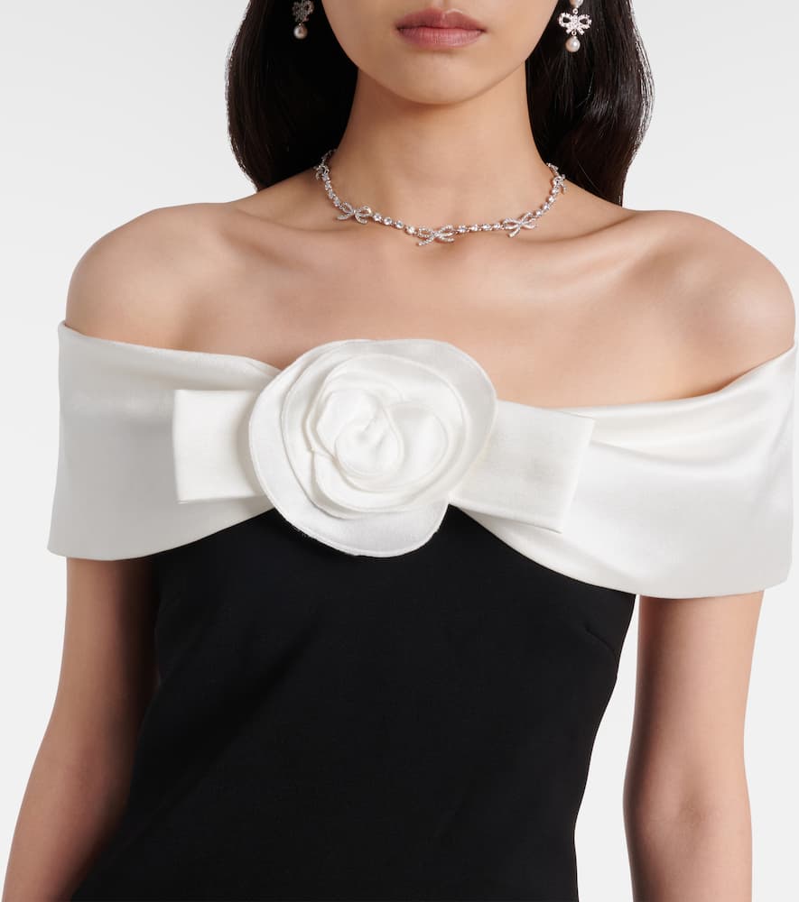 Floral-appliqué off-shoulder crêpe gown