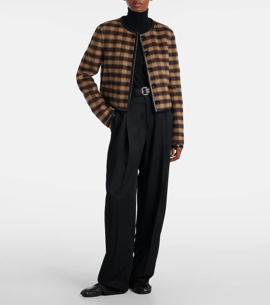 Checked leather-trimmed wool-blend jacket