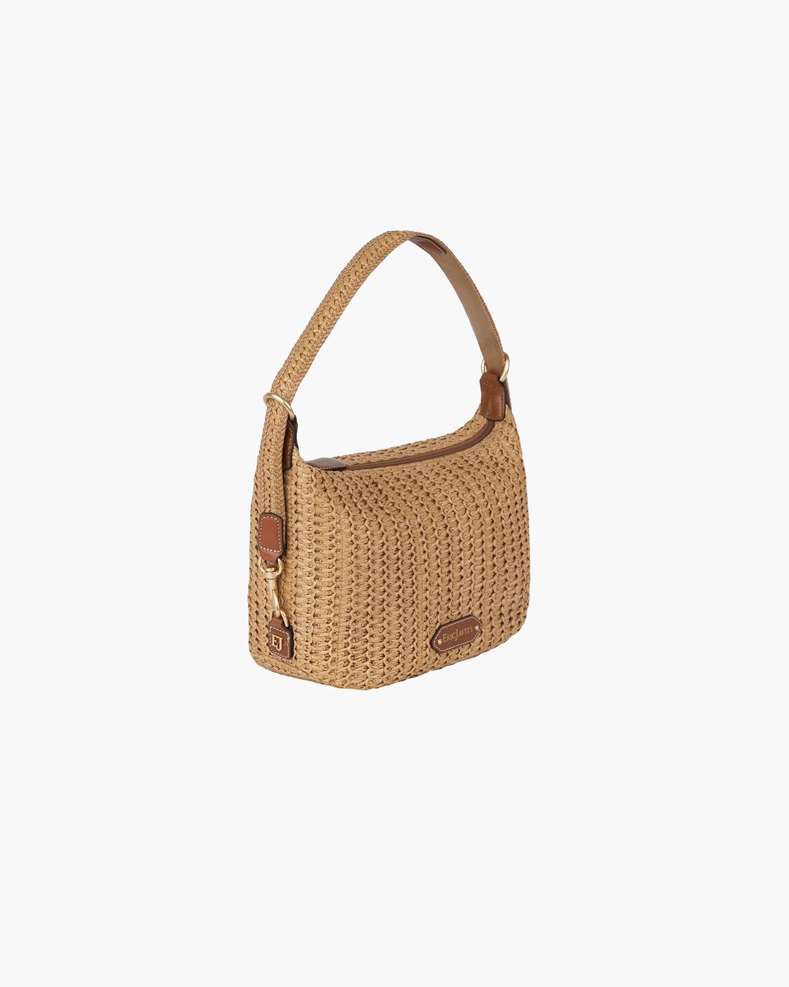 Woven Raffia Hobo Bag with Leather Trim - Natural Color