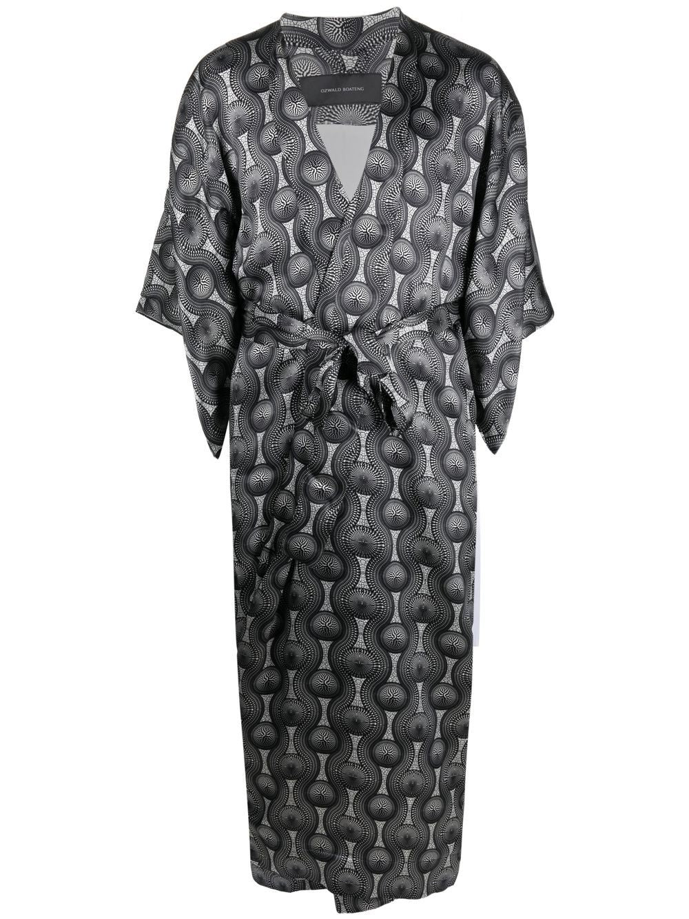 Geometric-Print Silk Kimono — Black