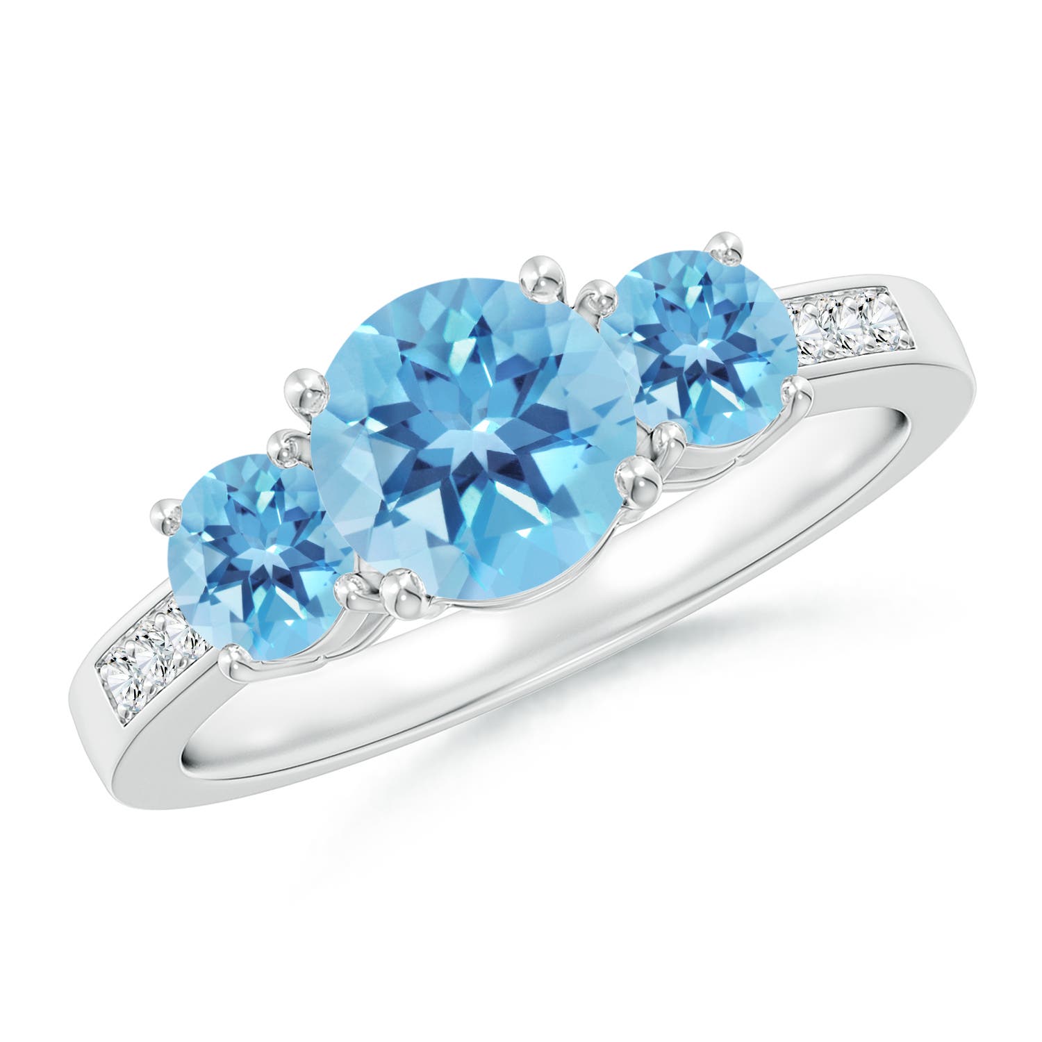Angara 1.55 Carats Three Stone Round Swiss Blue Topaz Ring with Diamond Accents in Platinum