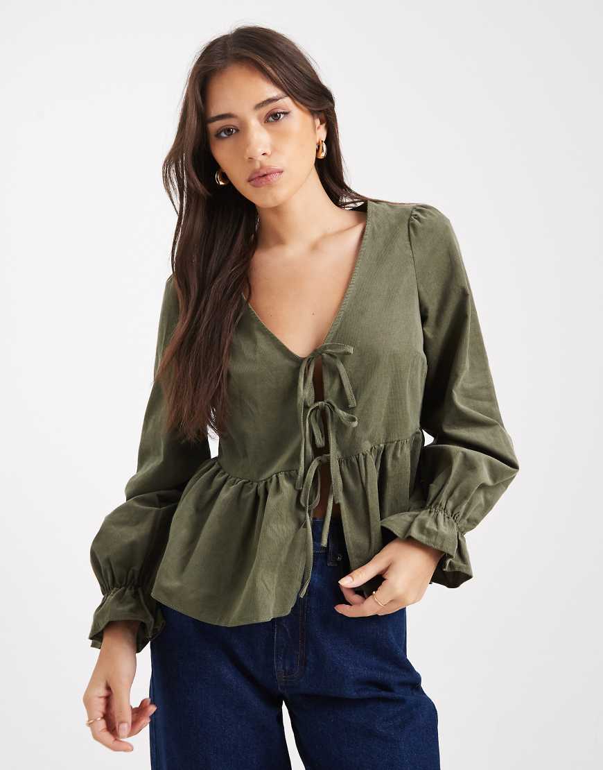 Cord tie front shell top in khaki-Green
