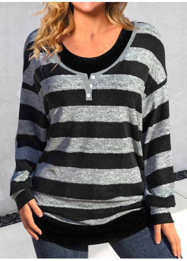 Modlily Black Fake 2in1 Striped Long Sleeve T Shirt