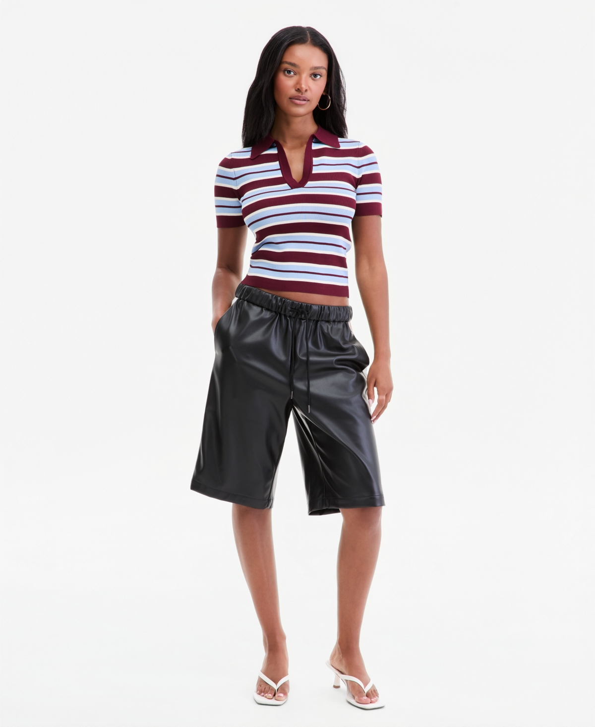 Women's Faux-Leather Side-Stripe Bermuda Shorts, Macy's Exclusive - Black Ivory Mixed