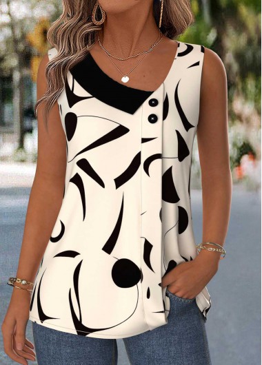 Modlily Beige Geometric Print Patchwork Sleeveless Asymmetrical Neck Tank Top