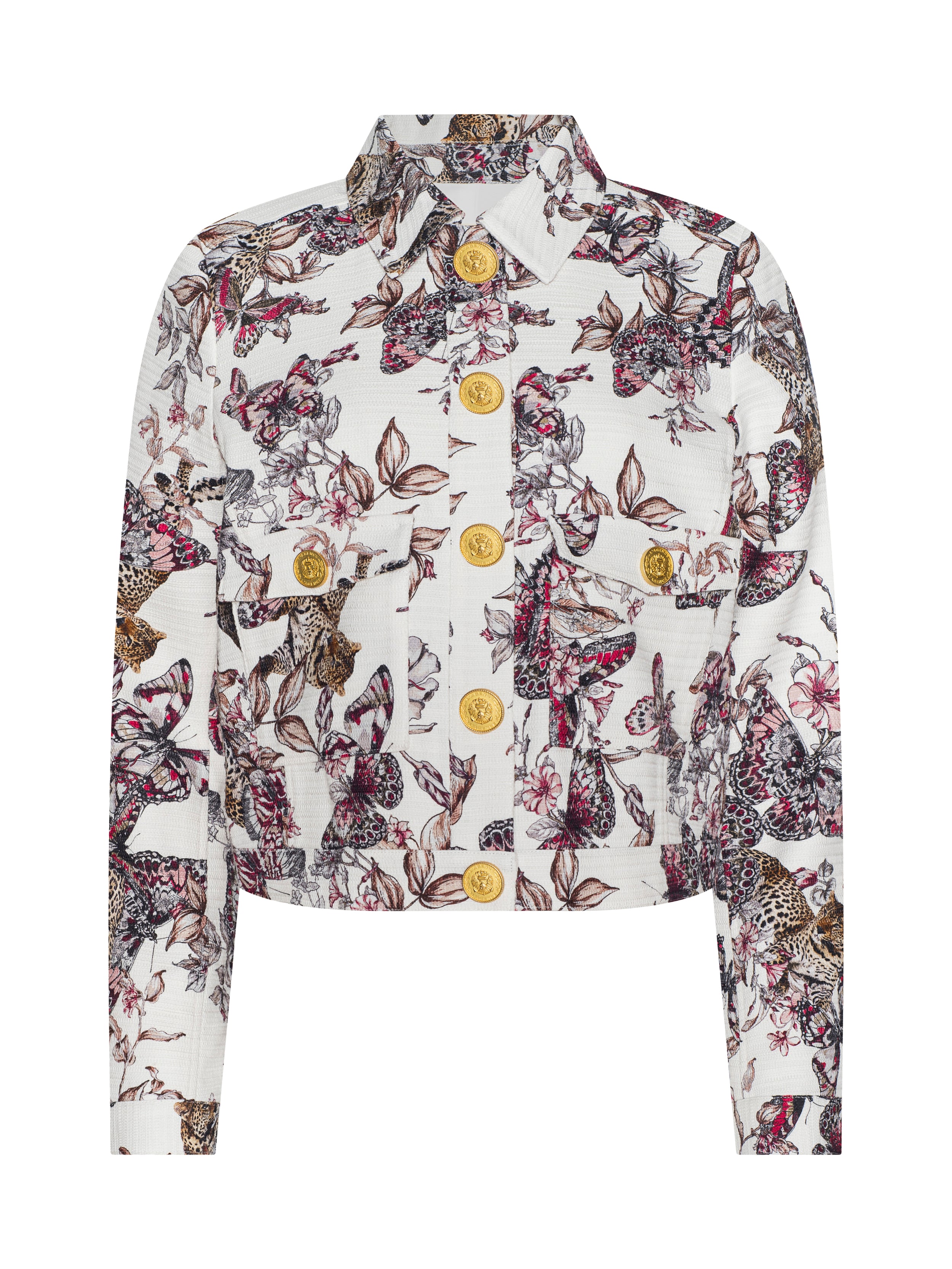 Nyx Cropped Jacket In White Multi Large Butterfly Jungle