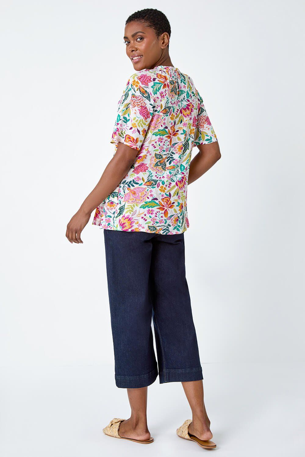Roman Women's Floral Shirred Crinkle Top in Pink