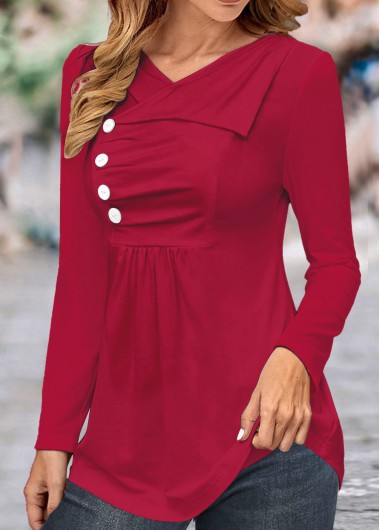 Modlily Wine Red Asymmetry Long Sleeve T Shirt